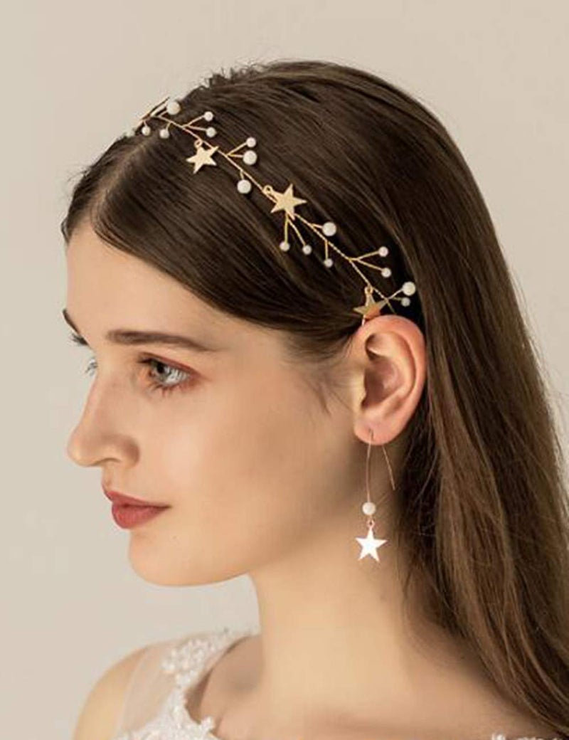 BERYUAN Sequins Pearl Star Headband Earrings Set Gold Wedding Hair Accessories Tassel Star Pendant Jewelry for Her Gift for Women Girls (Gold) - Image 1